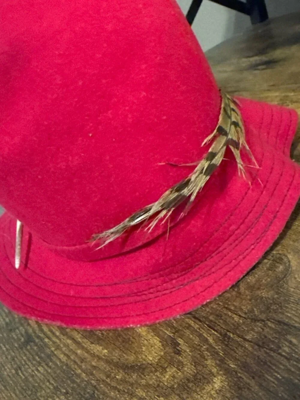Vintage Red Wool Betmar New York Cloche Hat Pheasant Feather